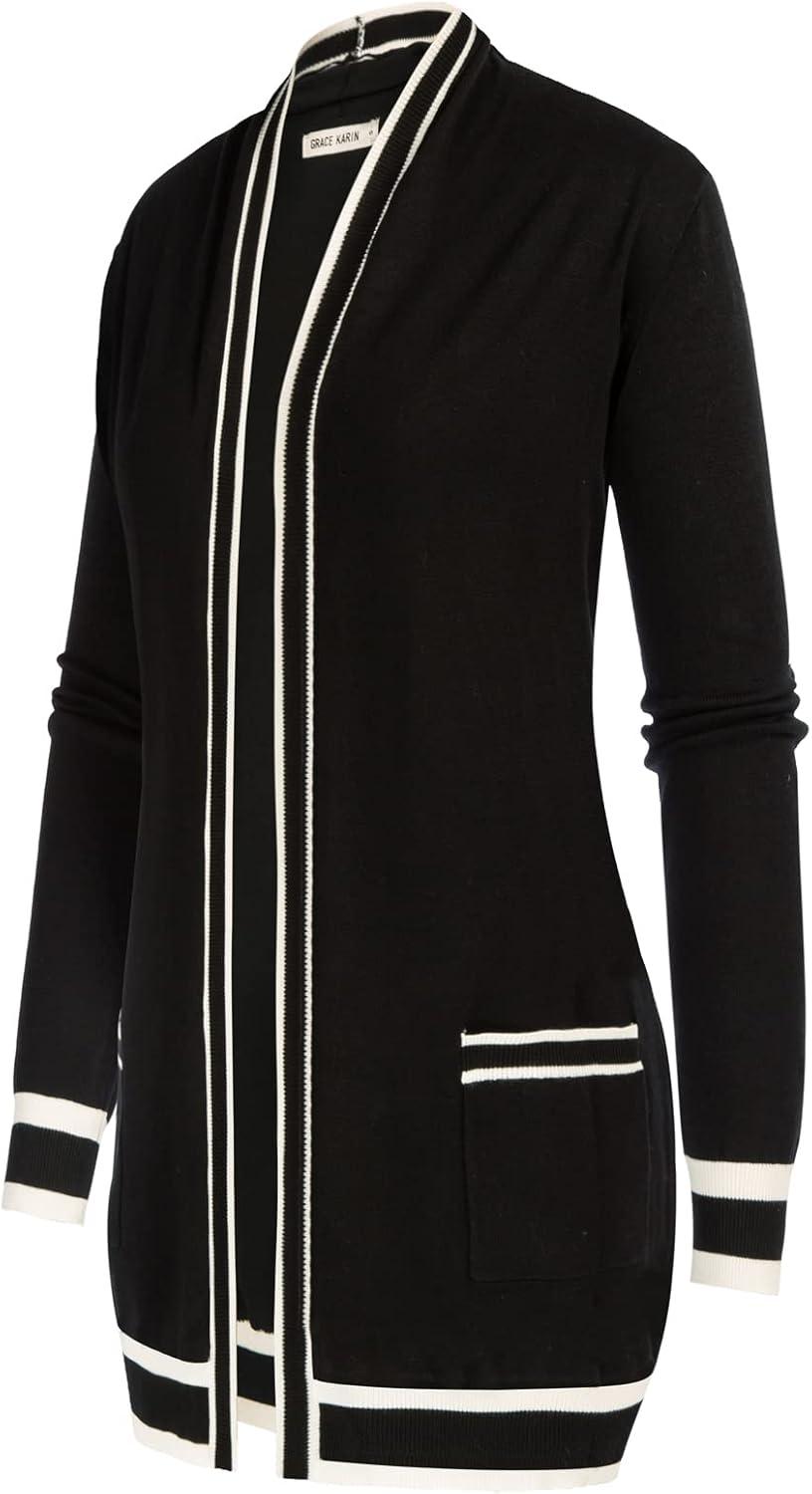 imageGRACE KARIN Women Lightweight Cardigan Sweaters with Pocket Long Sleeve ShrugsContrast Black