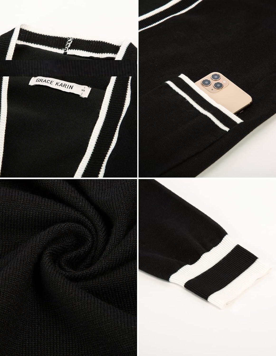 imageGRACE KARIN Women Lightweight Cardigan Sweaters with Pocket Long Sleeve ShrugsContrast Black