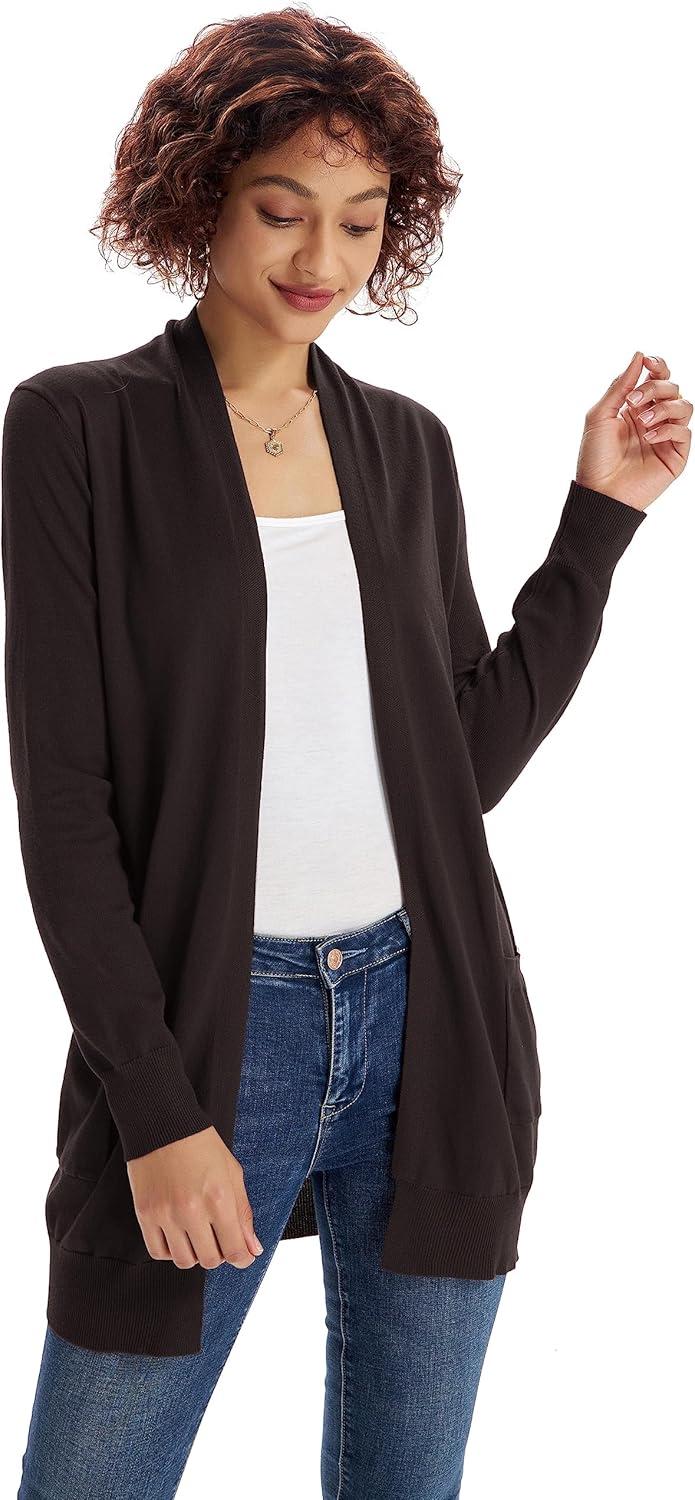 imageGRACE KARIN Women Lightweight Cardigan Sweaters with Pocket Long Sleeve ShrugsDark Coffee
