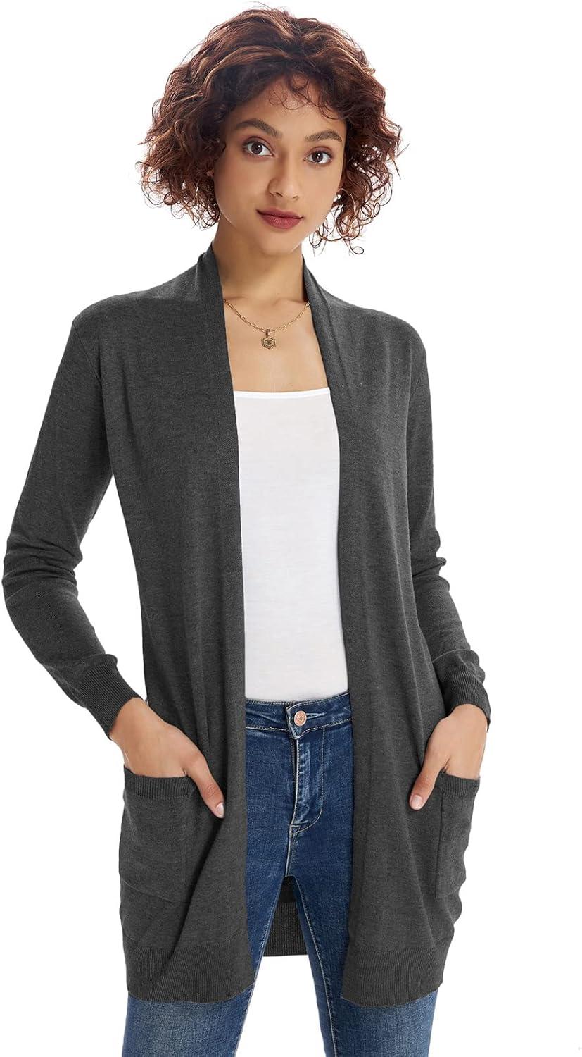imageGRACE KARIN Women Lightweight Cardigan Sweaters with Pocket Long Sleeve ShrugsDark Gray