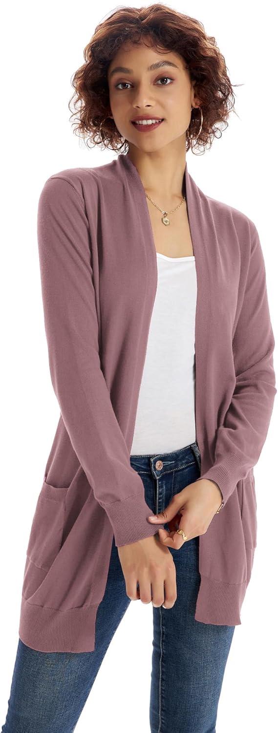 imageGRACE KARIN Women Lightweight Cardigan Sweaters with Pocket Long Sleeve ShrugsDark Pink