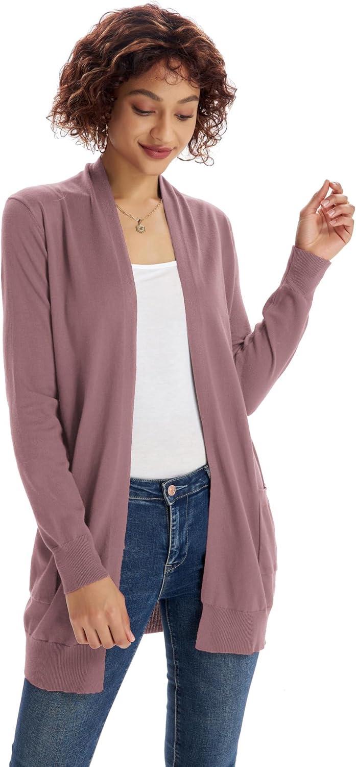 imageGRACE KARIN Women Lightweight Cardigan Sweaters with Pocket Long Sleeve ShrugsDark Pink