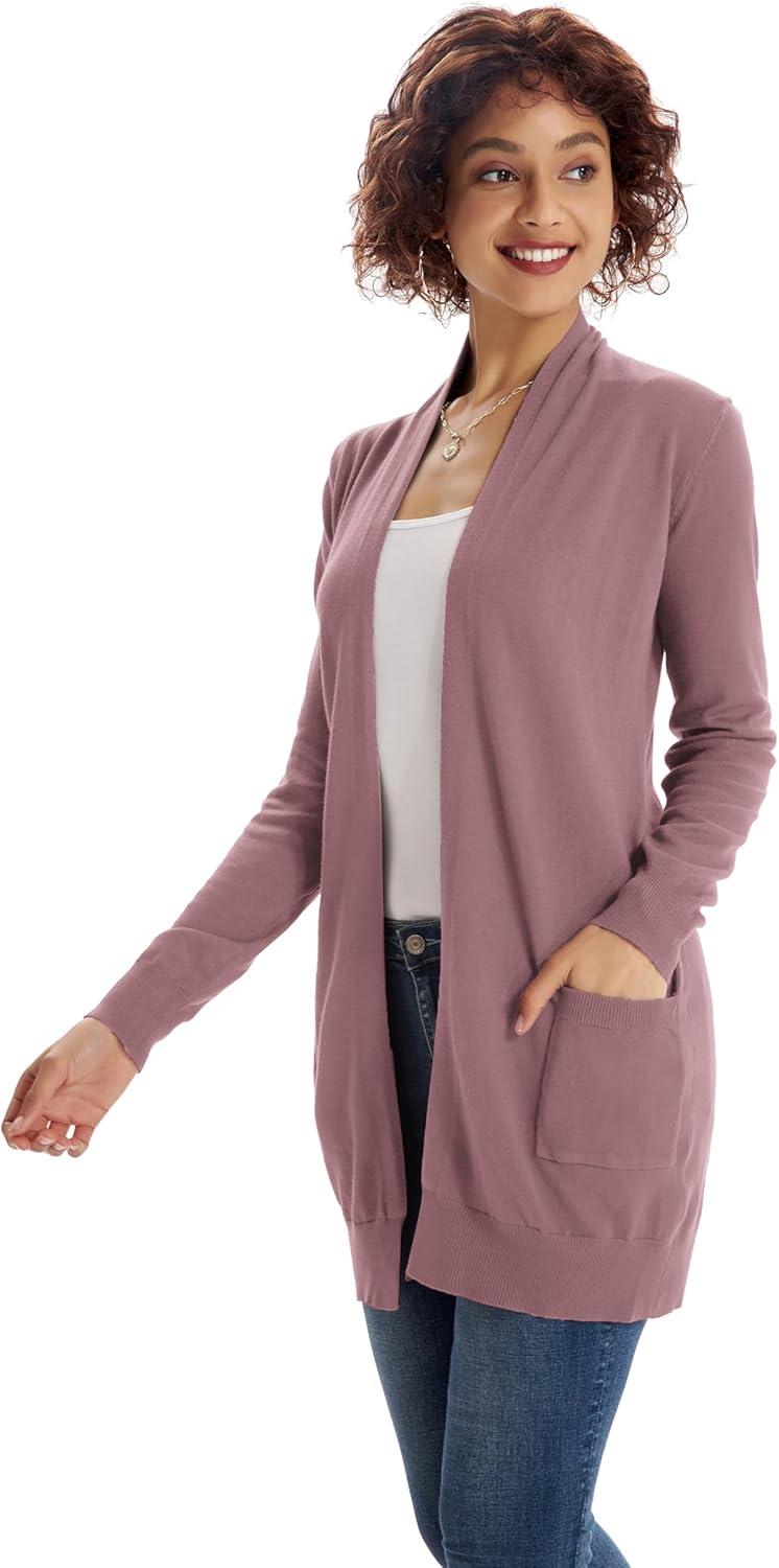 imageGRACE KARIN Women Lightweight Cardigan Sweaters with Pocket Long Sleeve ShrugsDark Pink