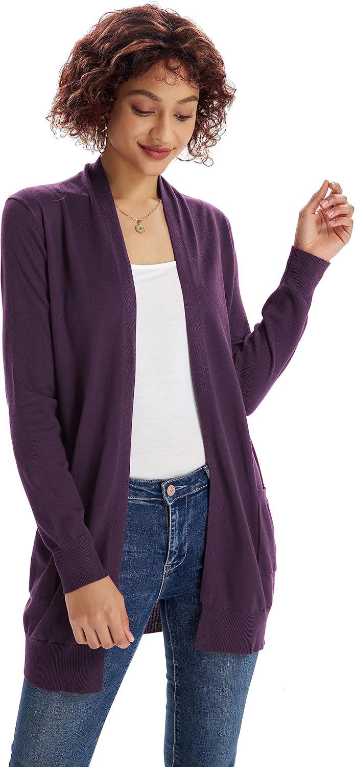 imageGRACE KARIN Women Lightweight Cardigan Sweaters with Pocket Long Sleeve ShrugsDeep Purple