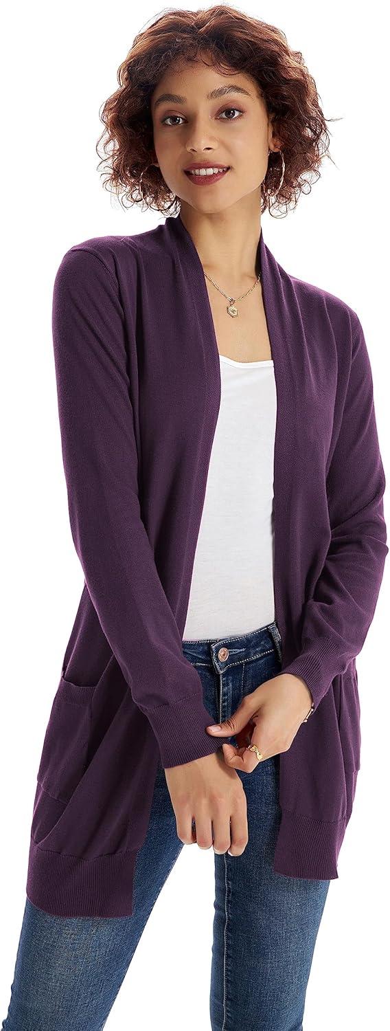imageGRACE KARIN Women Lightweight Cardigan Sweaters with Pocket Long Sleeve ShrugsDeep Purple