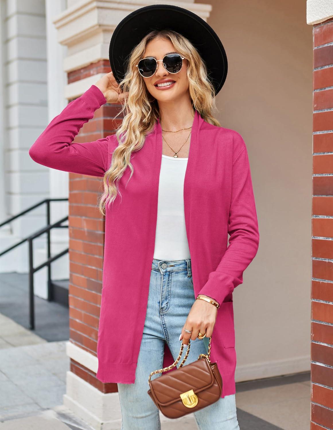 imageGRACE KARIN Women Lightweight Cardigan Sweaters with Pocket Long Sleeve ShrugsHot Pink