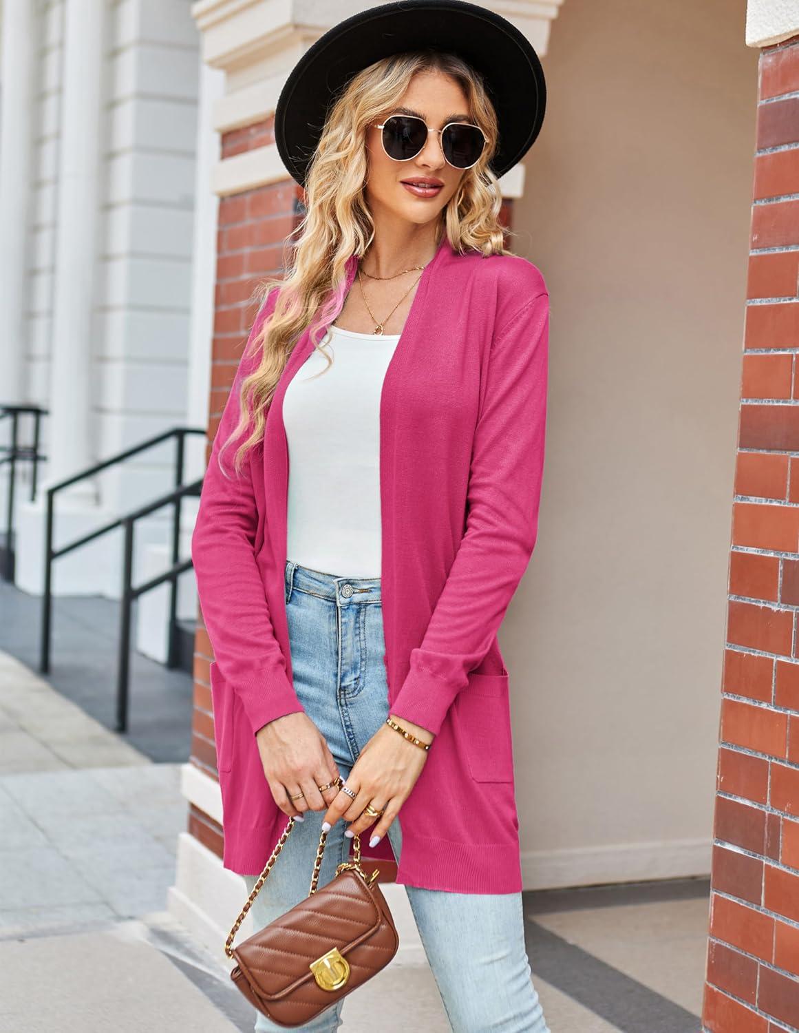 imageGRACE KARIN Women Lightweight Cardigan Sweaters with Pocket Long Sleeve ShrugsHot Pink