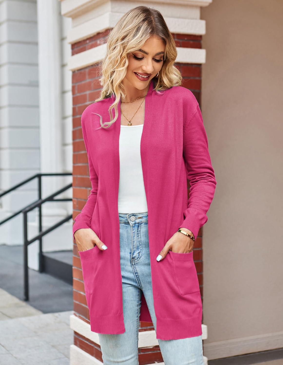 imageGRACE KARIN Women Lightweight Cardigan Sweaters with Pocket Long Sleeve ShrugsHot Pink