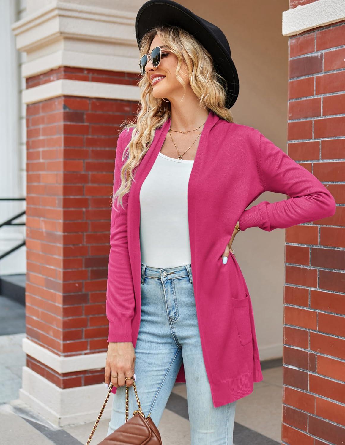 imageGRACE KARIN Women Lightweight Cardigan Sweaters with Pocket Long Sleeve ShrugsHot Pink