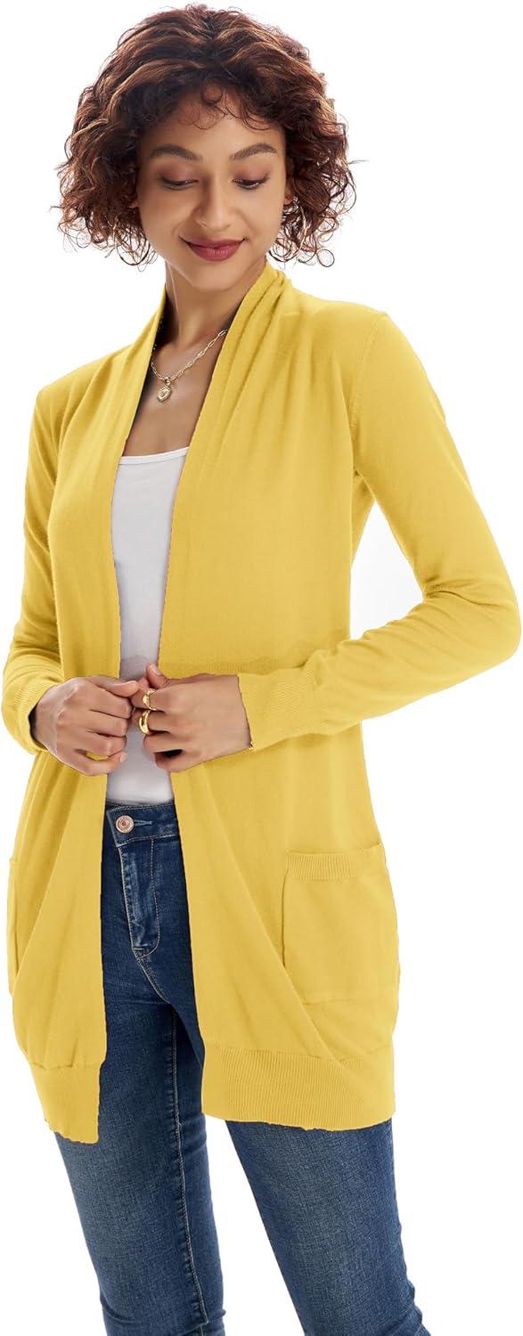 imageGRACE KARIN Women Lightweight Cardigan Sweaters with Pocket Long Sleeve ShrugsLemon Curry