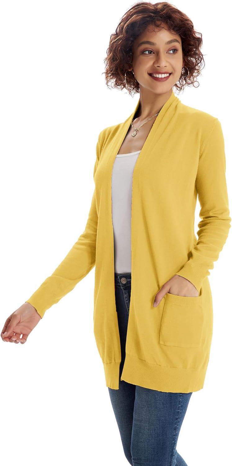 imageGRACE KARIN Women Lightweight Cardigan Sweaters with Pocket Long Sleeve ShrugsLemon Curry