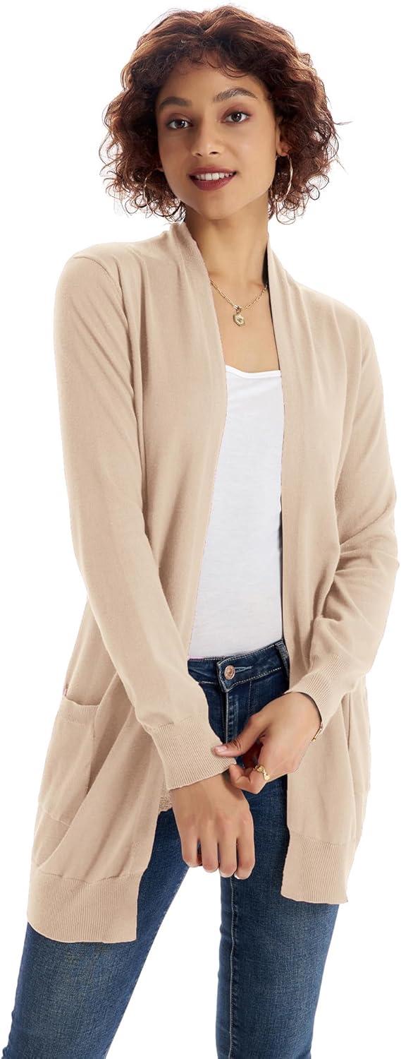 imageGRACE KARIN Women Lightweight Cardigan Sweaters with Pocket Long Sleeve ShrugsLight Apricot