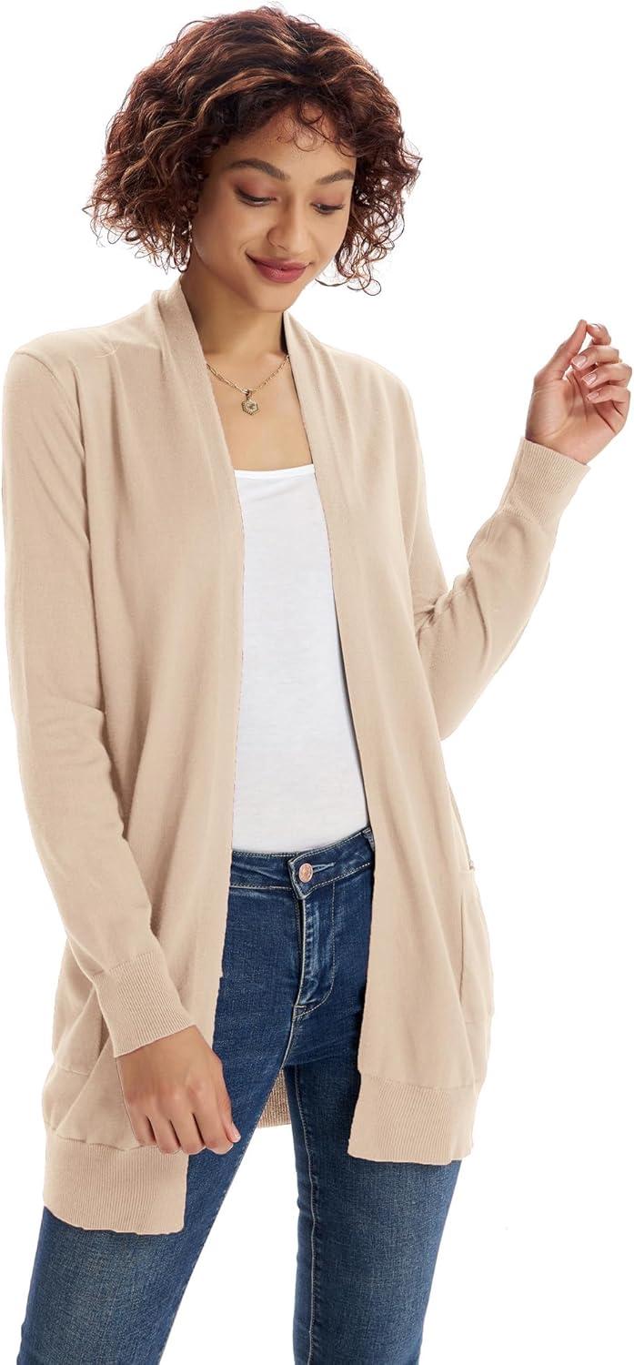 imageGRACE KARIN Women Lightweight Cardigan Sweaters with Pocket Long Sleeve ShrugsLight Apricot