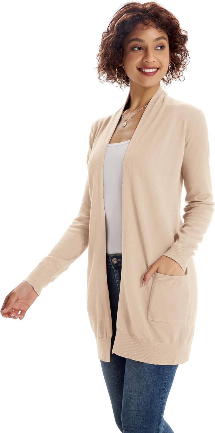 imageGRACE KARIN Women Lightweight Cardigan Sweaters with Pocket Long Sleeve ShrugsLight Apricot