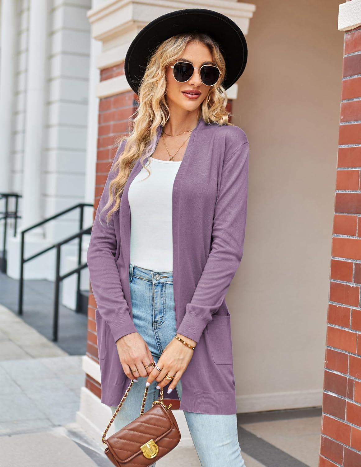 imageGRACE KARIN Women Lightweight Cardigan Sweaters with Pocket Long Sleeve ShrugsLight Purple