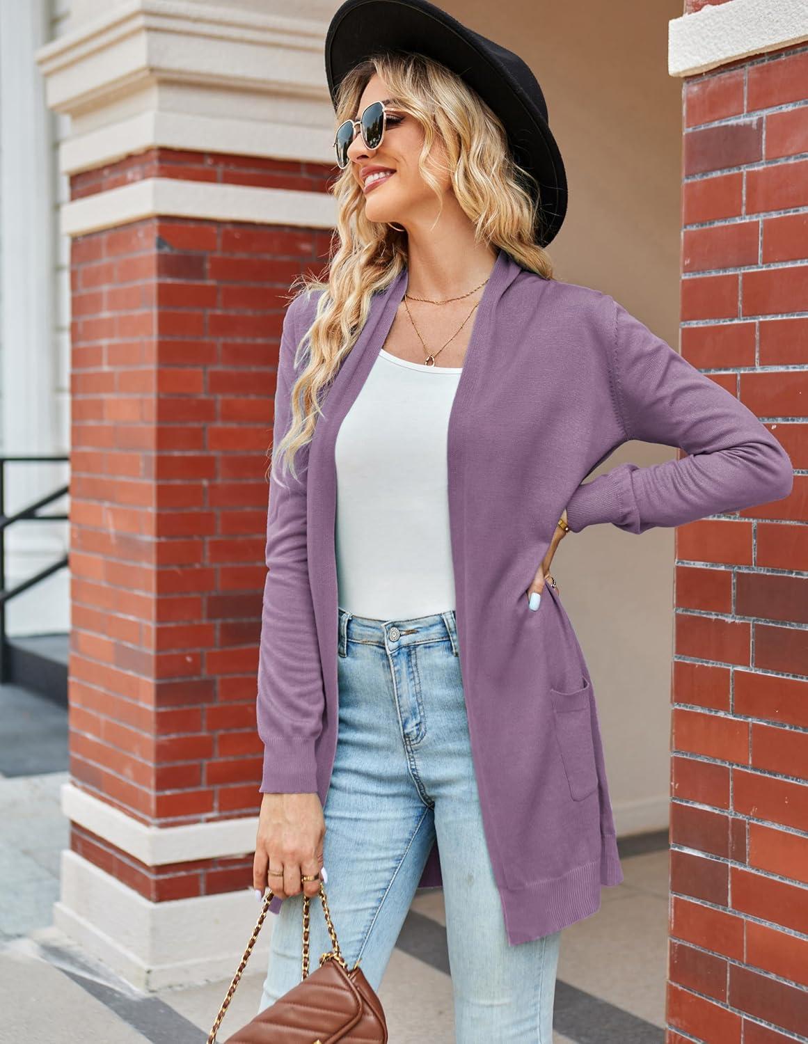 imageGRACE KARIN Women Lightweight Cardigan Sweaters with Pocket Long Sleeve ShrugsLight Purple