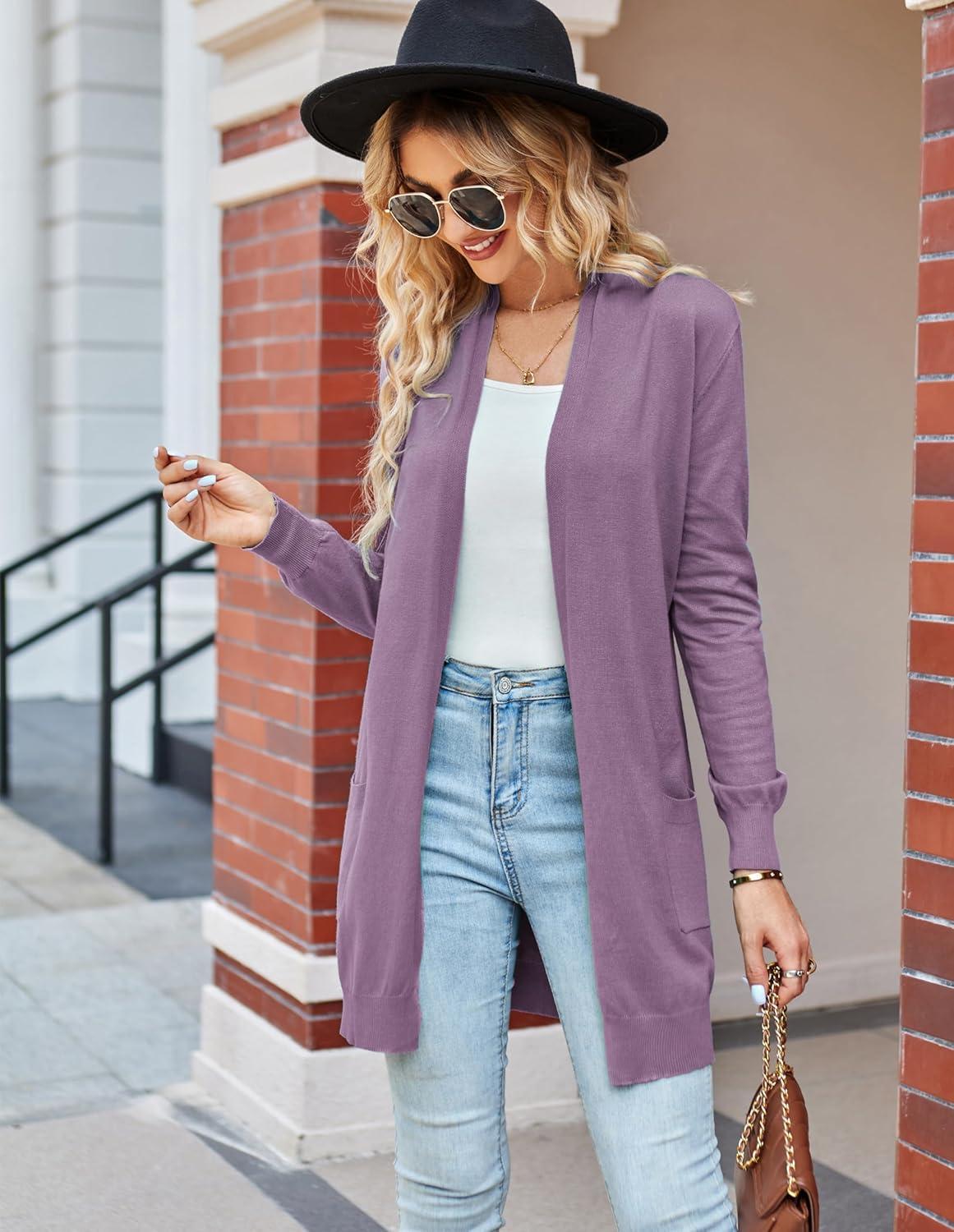 imageGRACE KARIN Women Lightweight Cardigan Sweaters with Pocket Long Sleeve ShrugsLight Purple