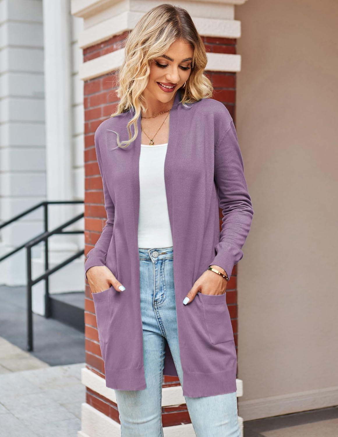 imageGRACE KARIN Women Lightweight Cardigan Sweaters with Pocket Long Sleeve ShrugsLight Purple