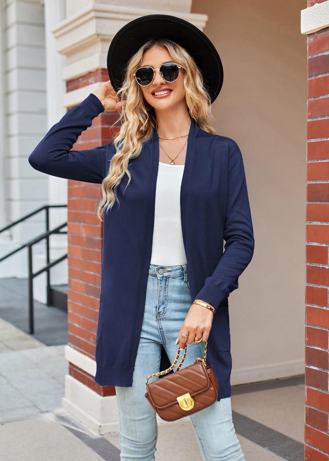 imageGRACE KARIN Women Lightweight Cardigan Sweaters with Pocket Long Sleeve ShrugsNavy
