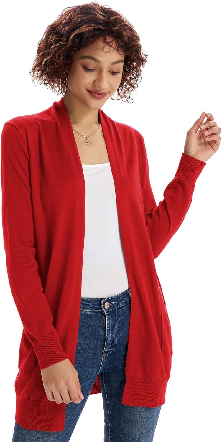 imageGRACE KARIN Women Lightweight Cardigan Sweaters with Pocket Long Sleeve ShrugsRed