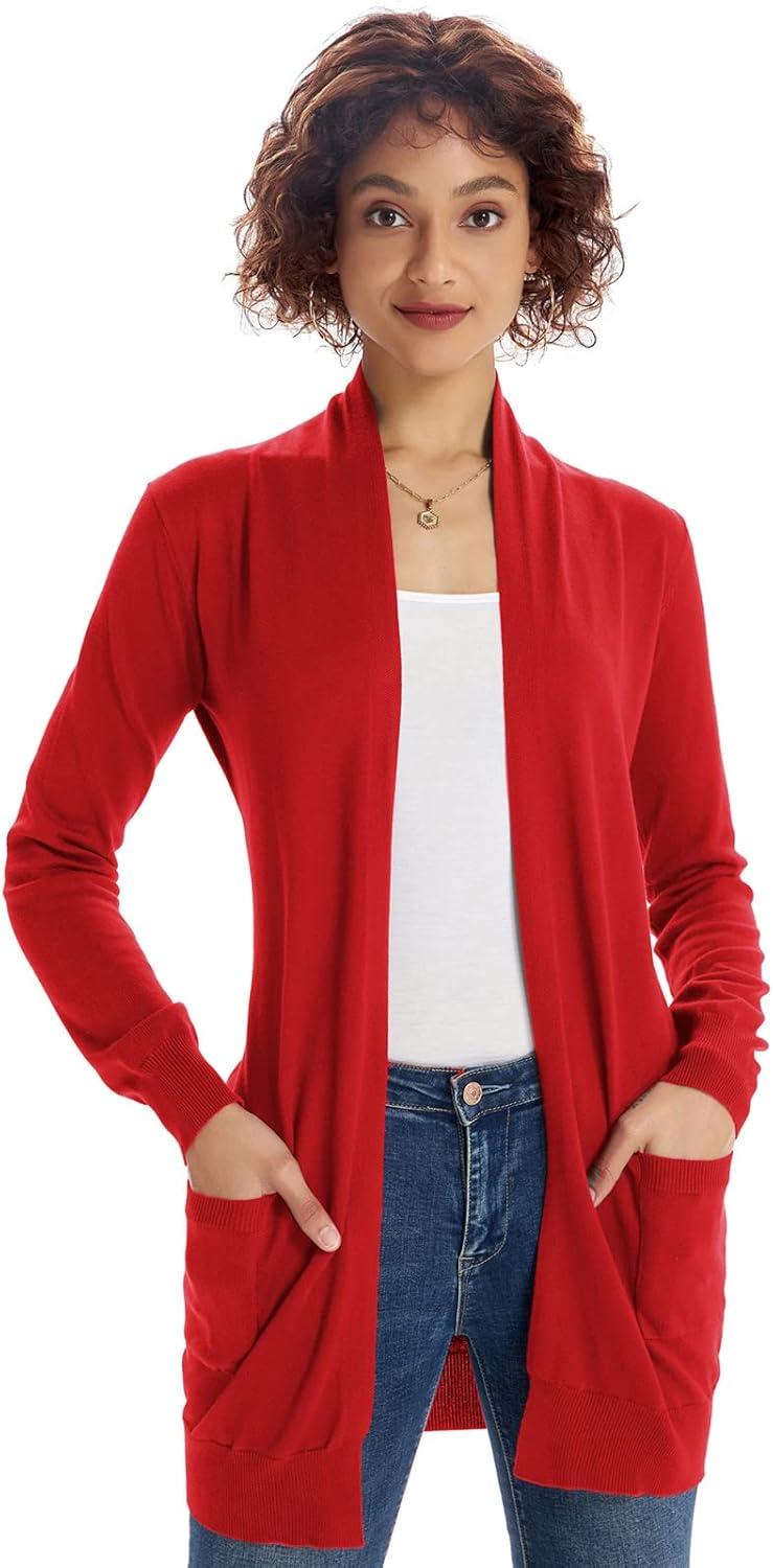 imageGRACE KARIN Women Lightweight Cardigan Sweaters with Pocket Long Sleeve ShrugsRed