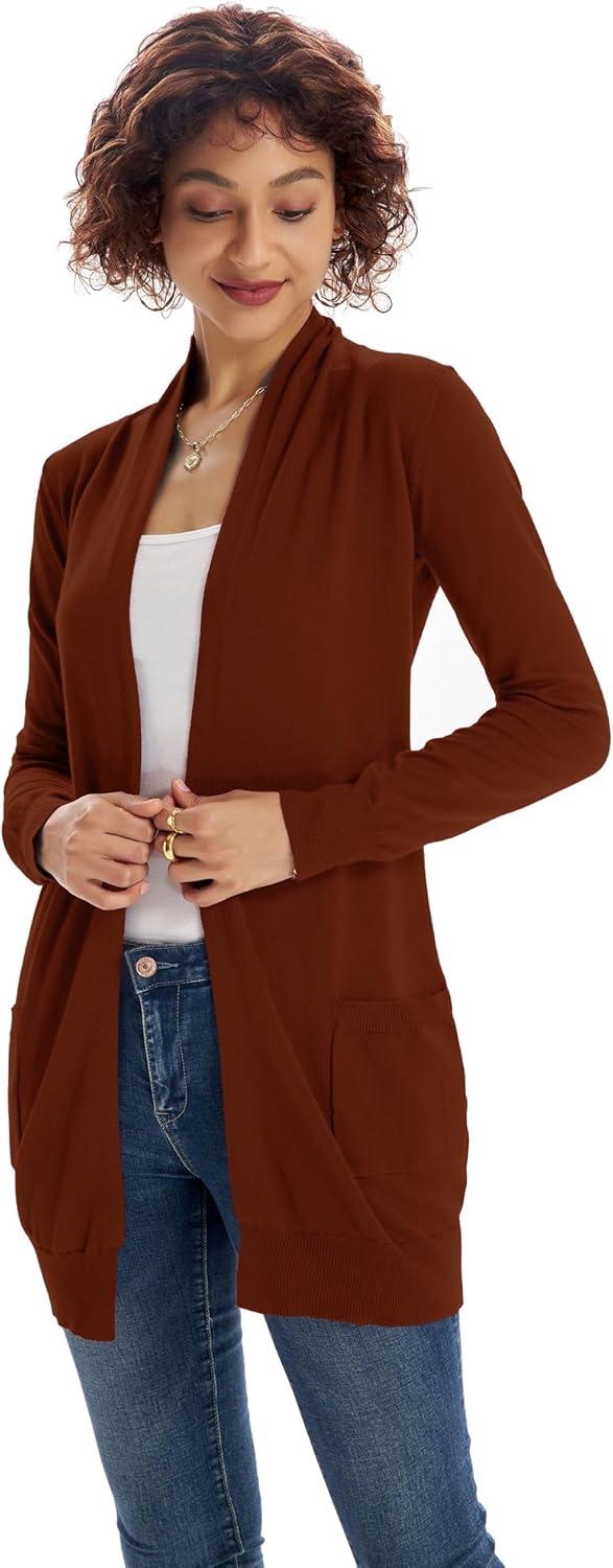 imageGRACE KARIN Women Lightweight Cardigan Sweaters with Pocket Long Sleeve ShrugsRusset Brown