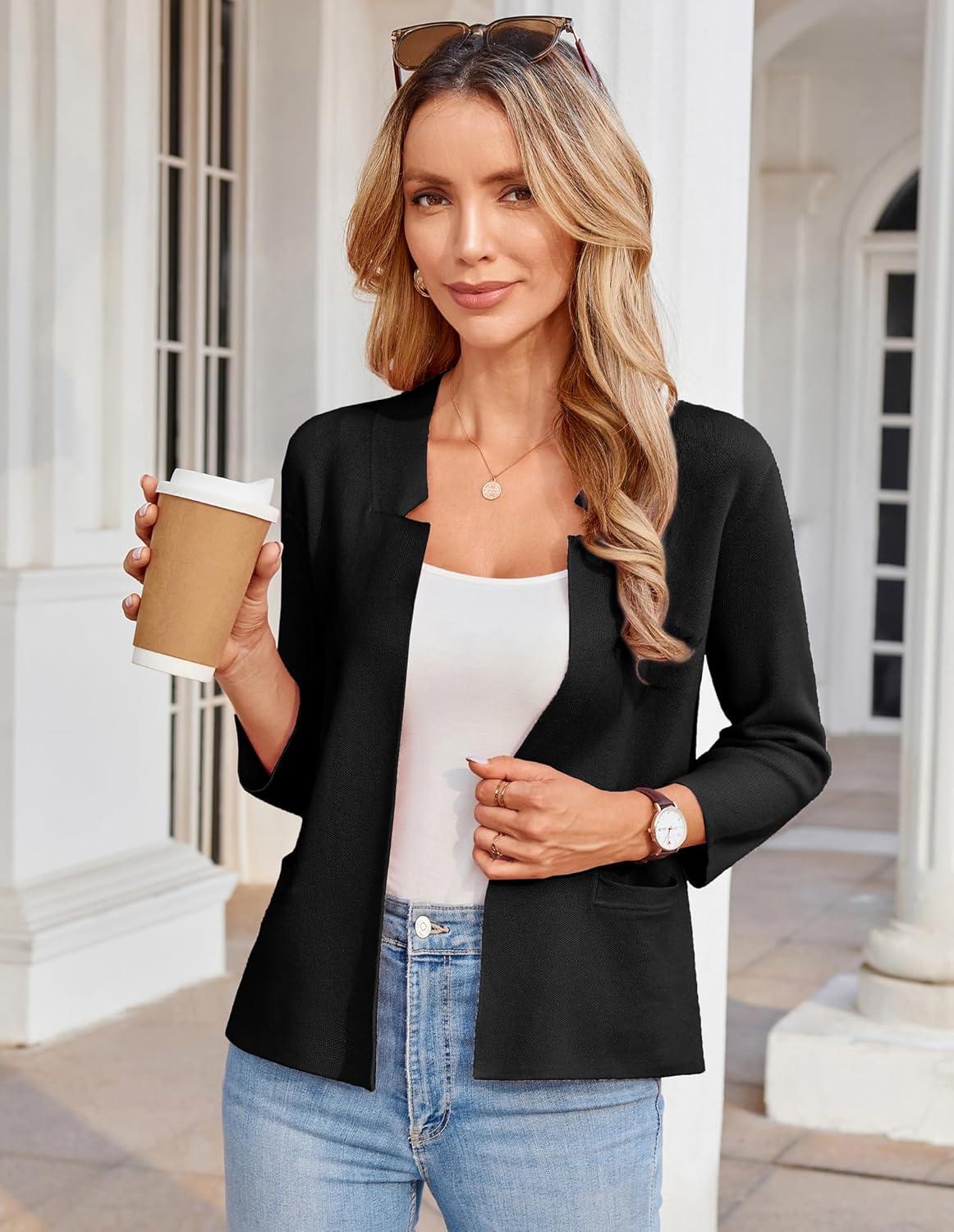 imageGRACE KARIN Women Sweater Blazer 34 Sleeve Cropped Cardigan Lightweight Notch Collar Knit Blazer Jacket Business CasualBlack