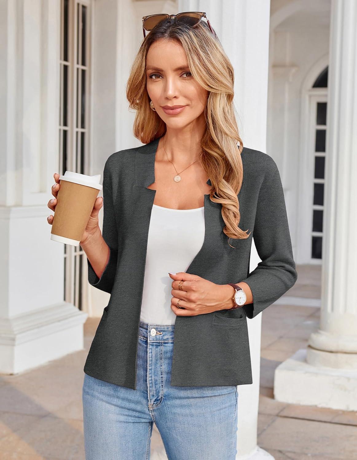 imageGRACE KARIN Women Sweater Blazer 34 Sleeve Cropped Cardigan Lightweight Notch Collar Knit Blazer Jacket Business CasualDark Heather Gray