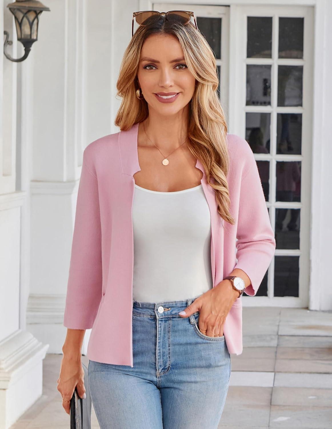 imageGRACE KARIN Women Sweater Blazer 34 Sleeve Cropped Cardigan Lightweight Notch Collar Knit Blazer Jacket Business CasualPink