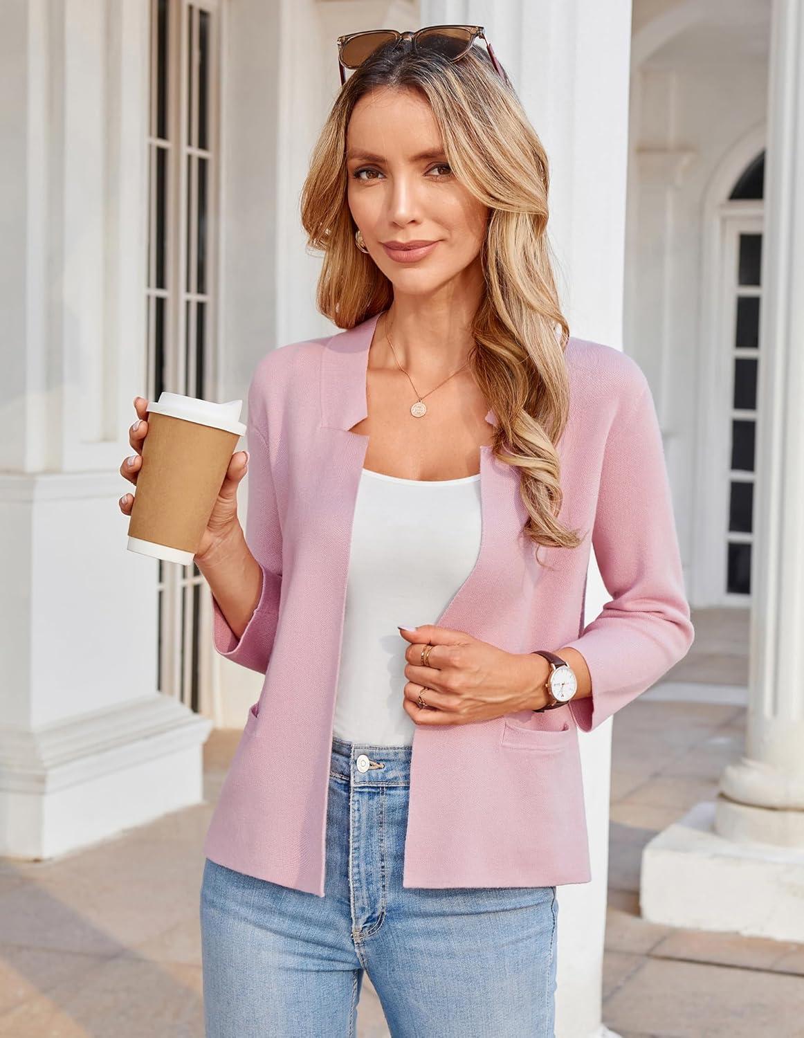 imageGRACE KARIN Women Sweater Blazer 34 Sleeve Cropped Cardigan Lightweight Notch Collar Knit Blazer Jacket Business CasualPink