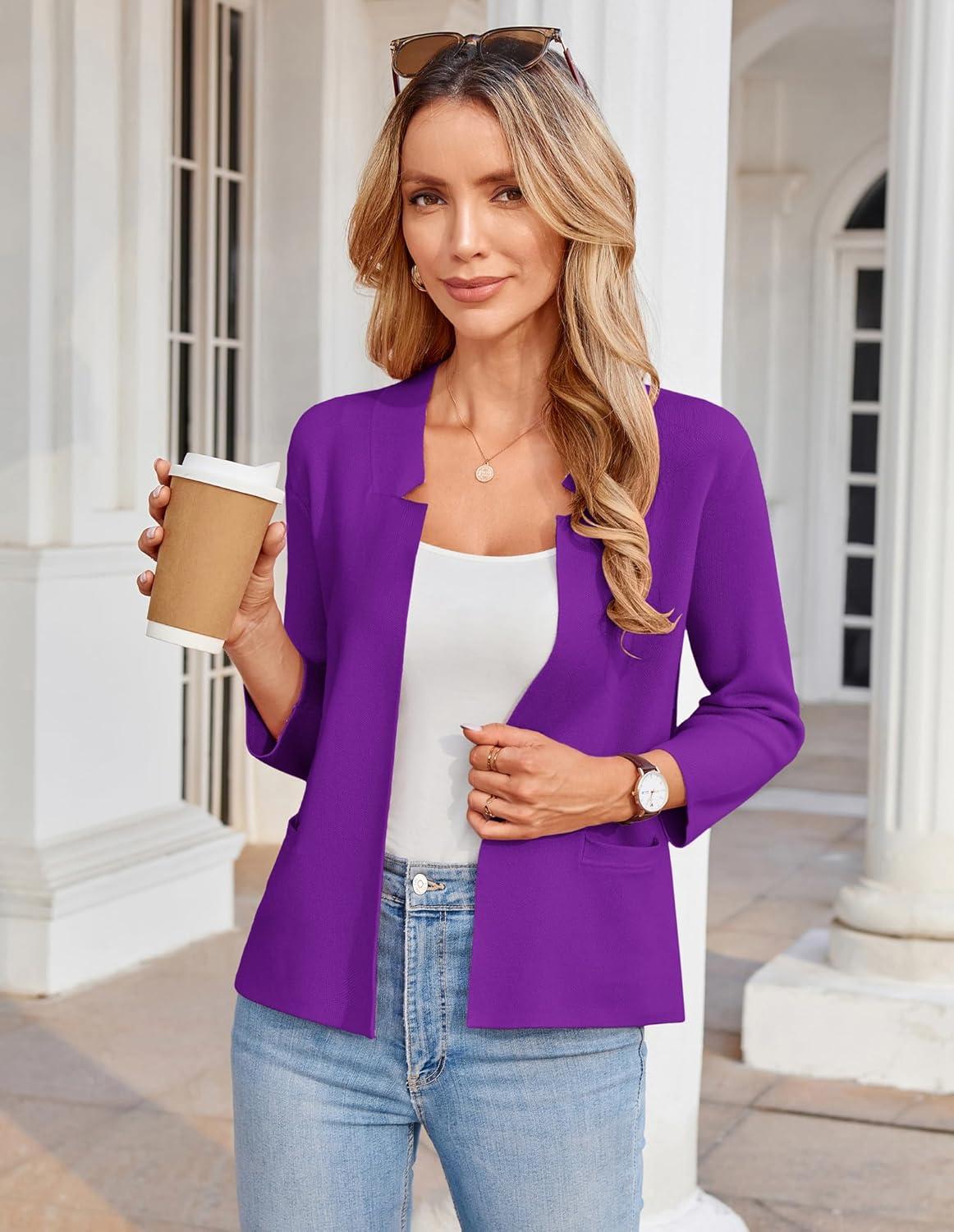 imageGRACE KARIN Women Sweater Blazer 34 Sleeve Cropped Cardigan Lightweight Notch Collar Knit Blazer Jacket Business CasualPurple