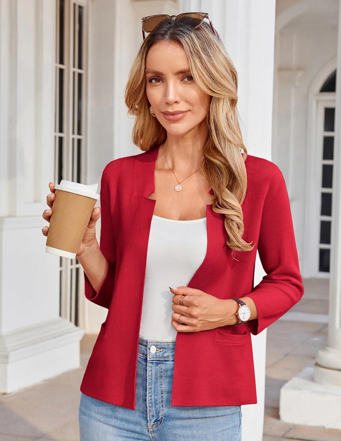 imageGRACE KARIN Women Sweater Blazer 34 Sleeve Cropped Cardigan Lightweight Notch Collar Knit Blazer Jacket Business CasualRed