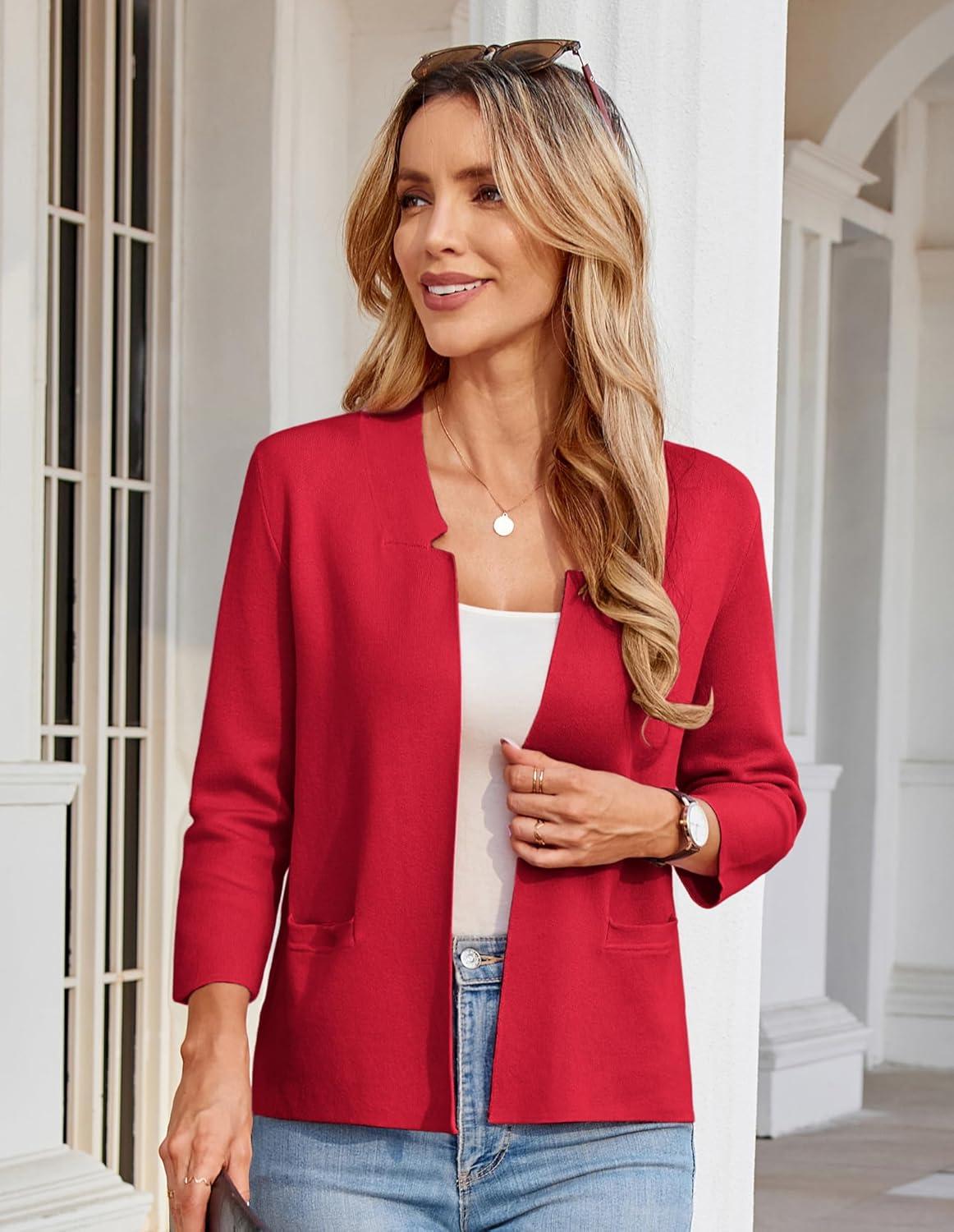 imageGRACE KARIN Women Sweater Blazer 34 Sleeve Cropped Cardigan Lightweight Notch Collar Knit Blazer Jacket Business CasualRed