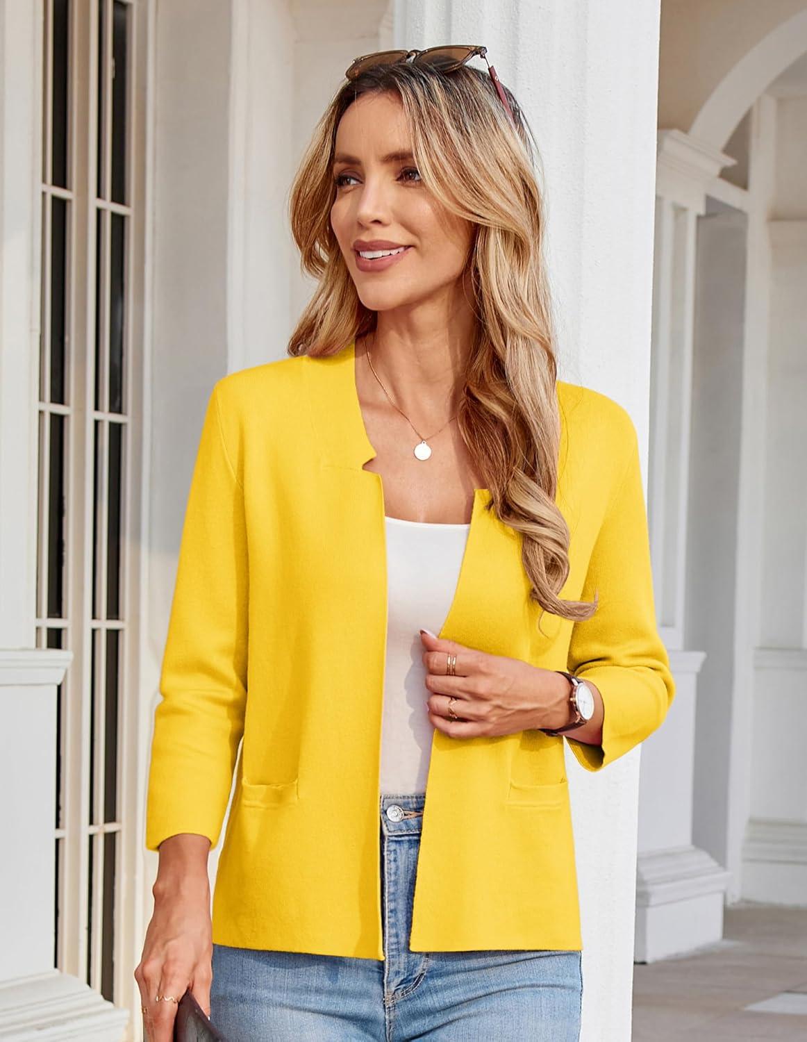 imageGRACE KARIN Women Sweater Blazer 34 Sleeve Cropped Cardigan Lightweight Notch Collar Knit Blazer Jacket Business CasualYellow