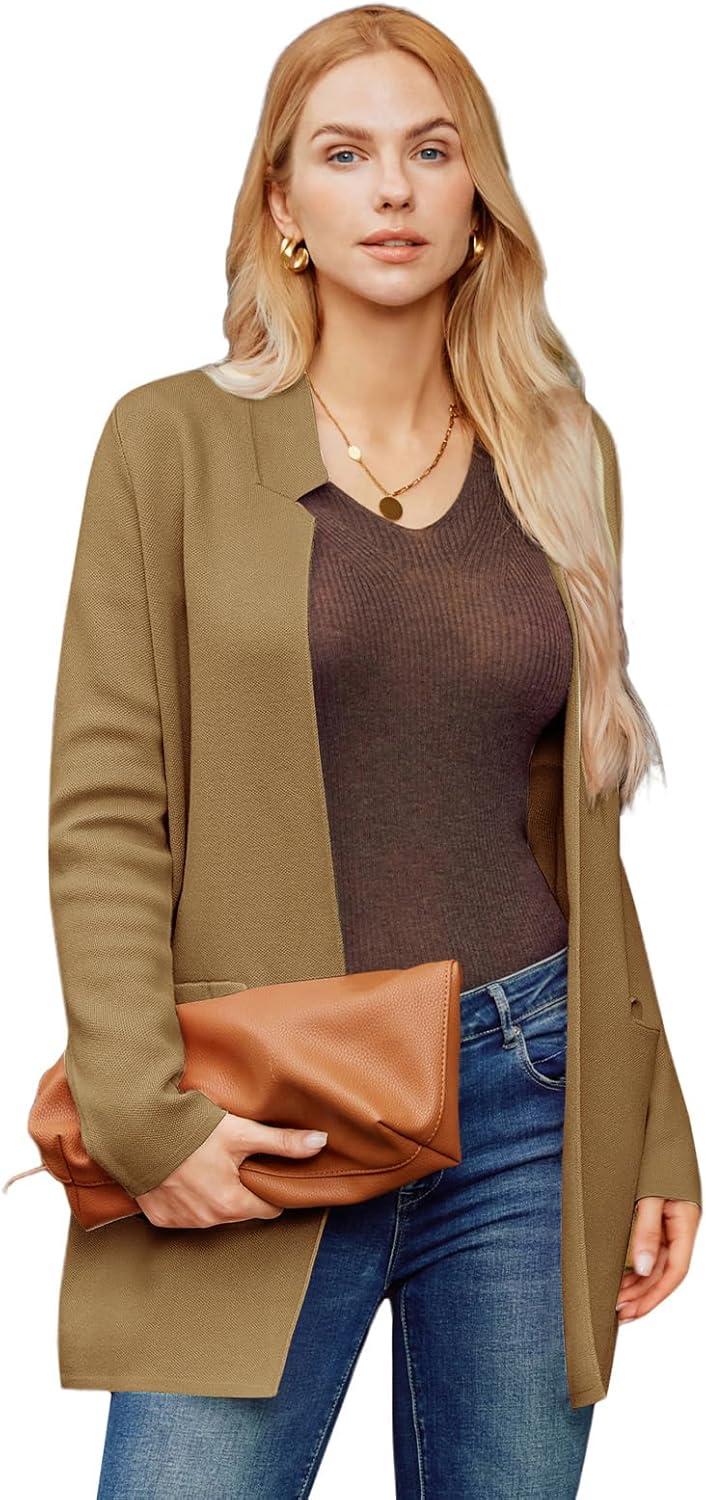 imageGRACE KARIN Womens 2025 Long Sleeve Open Front Knit Cardigan Notch Collar Sweater Blazer Jacket Fall Winter ClothingCamel