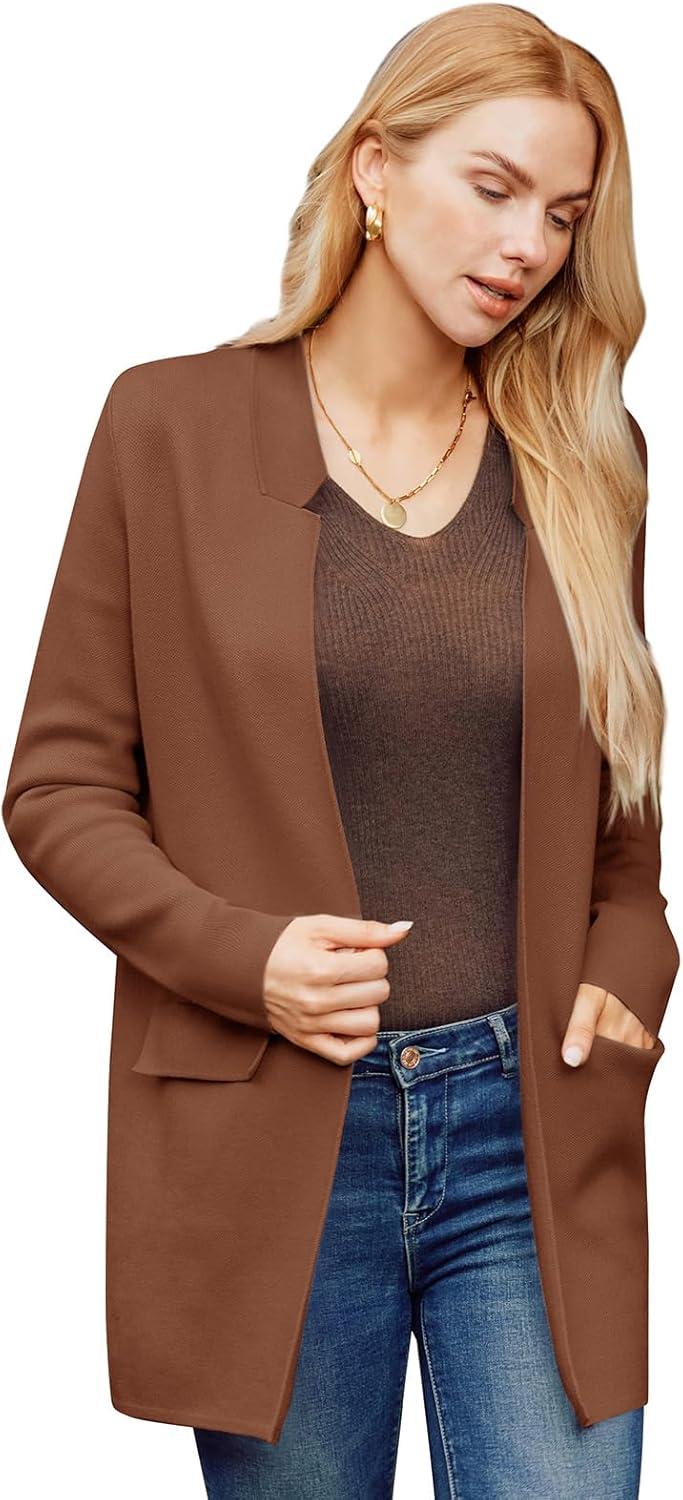 imageGRACE KARIN Womens 2025 Long Sleeve Open Front Knit Cardigan Notch Collar Sweater Blazer Jacket Fall Winter ClothingCoffee Brown