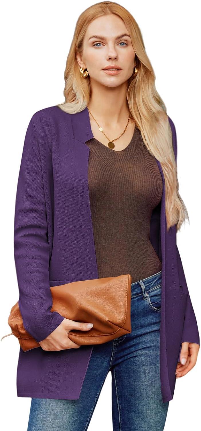 imageGRACE KARIN Womens 2025 Long Sleeve Open Front Knit Cardigan Notch Collar Sweater Blazer Jacket Fall Winter ClothingDeep Purple