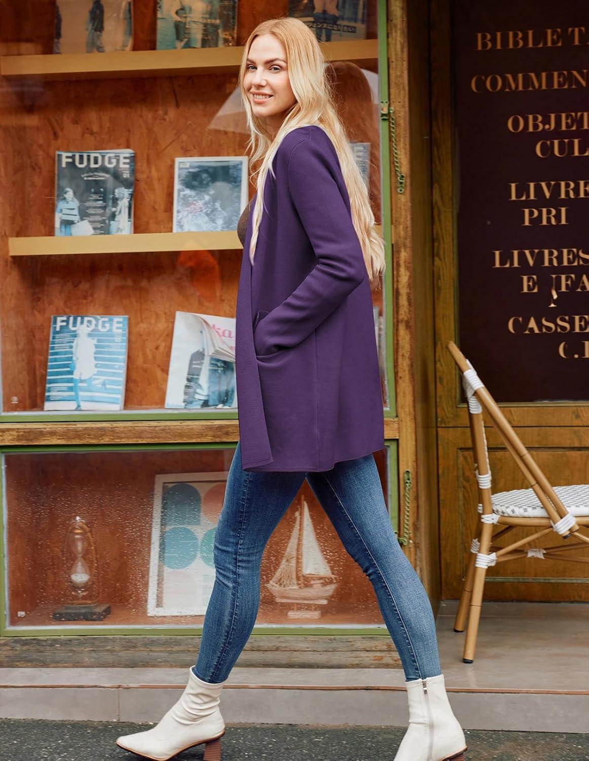 imageGRACE KARIN Womens 2025 Long Sleeve Open Front Knit Cardigan Notch Collar Sweater Blazer Jacket Fall Winter ClothingDeep Purple