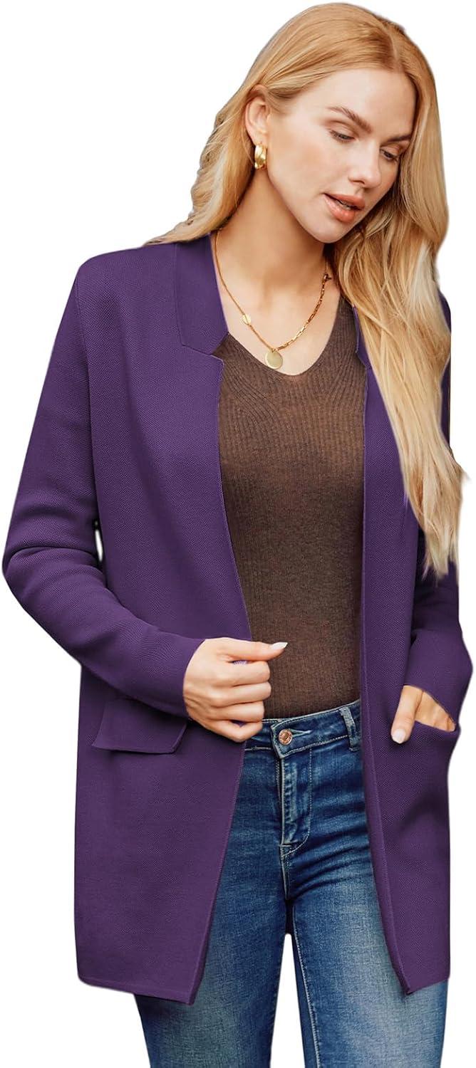 imageGRACE KARIN Womens 2025 Long Sleeve Open Front Knit Cardigan Notch Collar Sweater Blazer Jacket Fall Winter ClothingDeep Purple