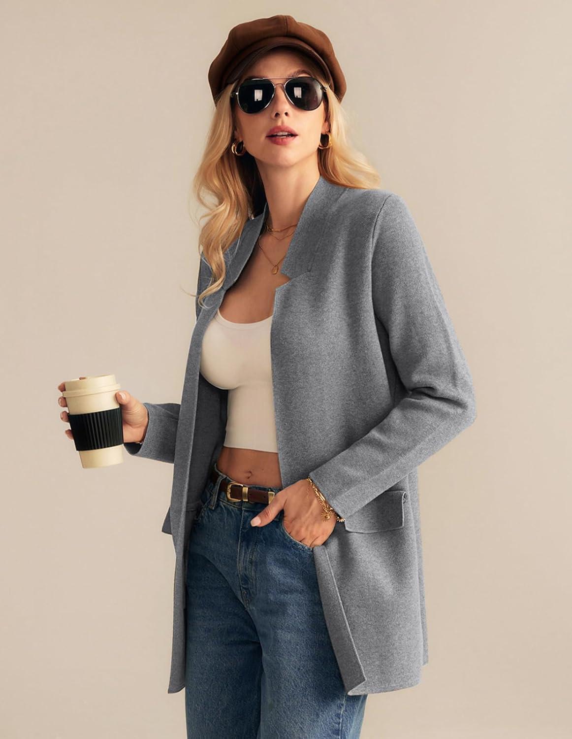 imageGRACE KARIN Womens 2025 Long Sleeve Open Front Knit Cardigan Notch Collar Sweater Blazer Jacket Fall Winter ClothingHeather Grey