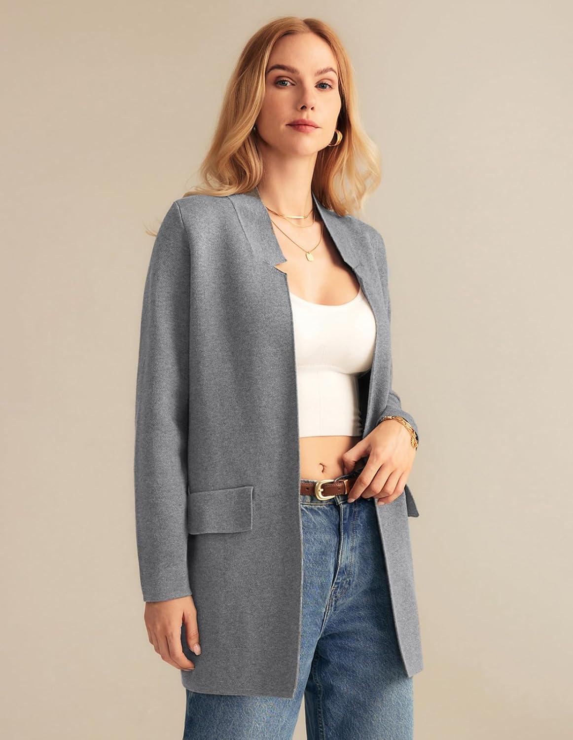 imageGRACE KARIN Womens 2025 Long Sleeve Open Front Knit Cardigan Notch Collar Sweater Blazer Jacket Fall Winter ClothingHeather Grey