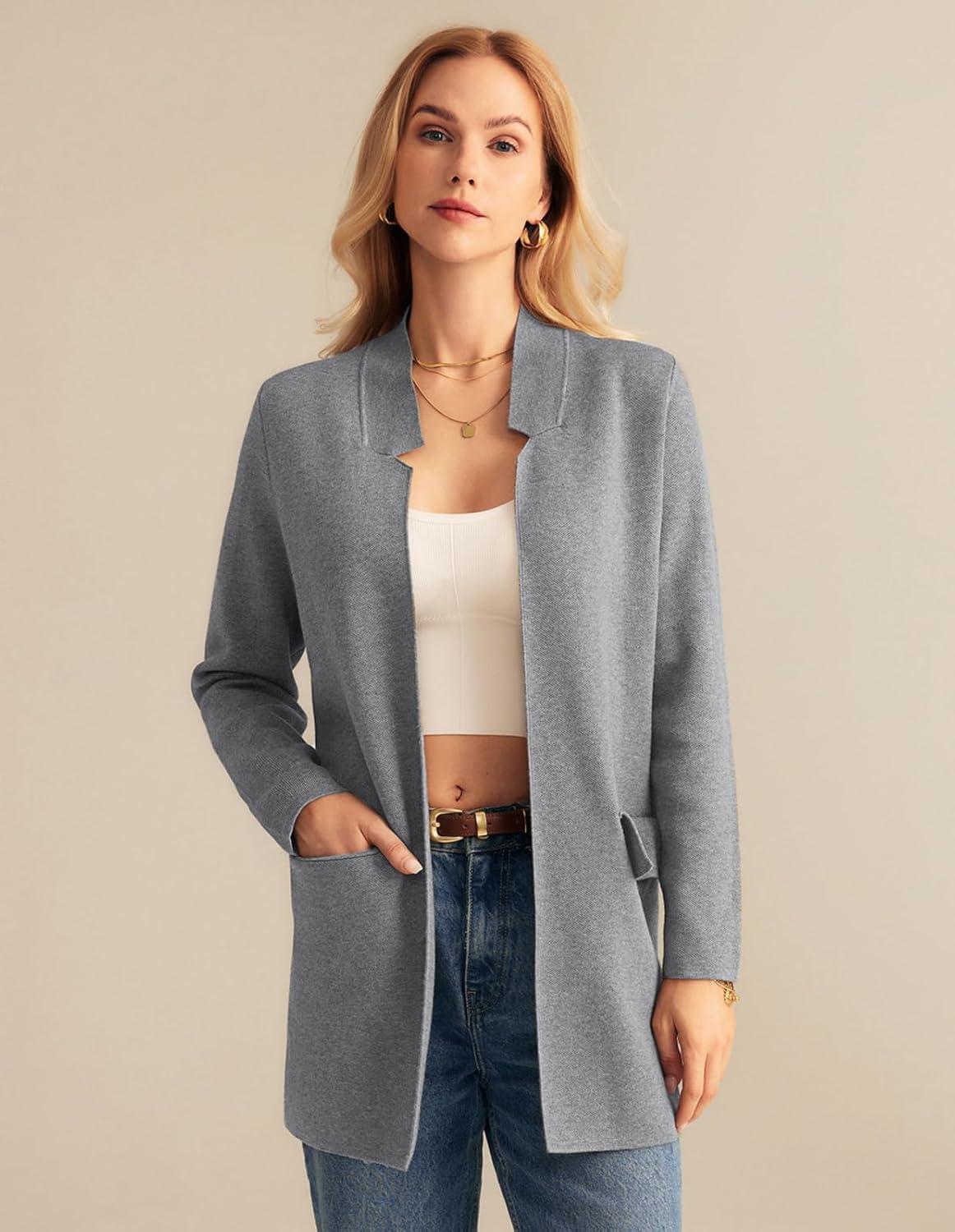 imageGRACE KARIN Womens 2025 Long Sleeve Open Front Knit Cardigan Notch Collar Sweater Blazer Jacket Fall Winter ClothingHeather Grey