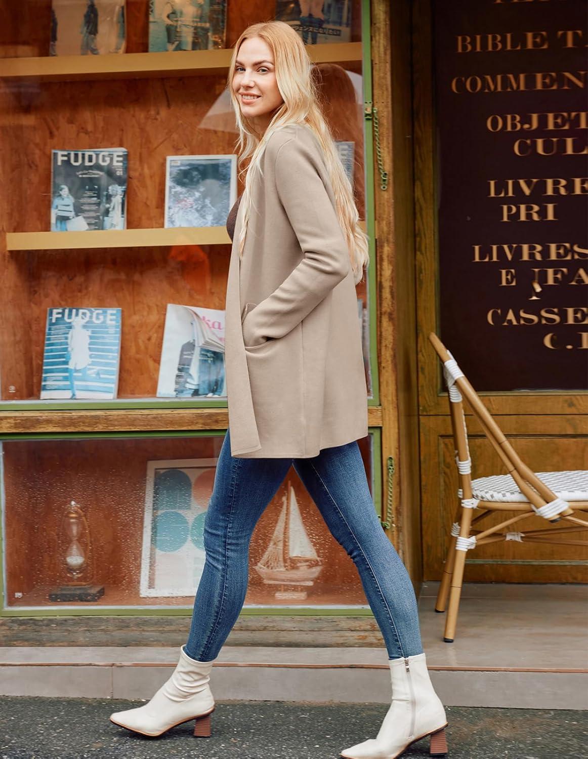 imageGRACE KARIN Womens 2025 Long Sleeve Open Front Knit Cardigan Notch Collar Sweater Blazer Jacket Fall Winter ClothingKhaki