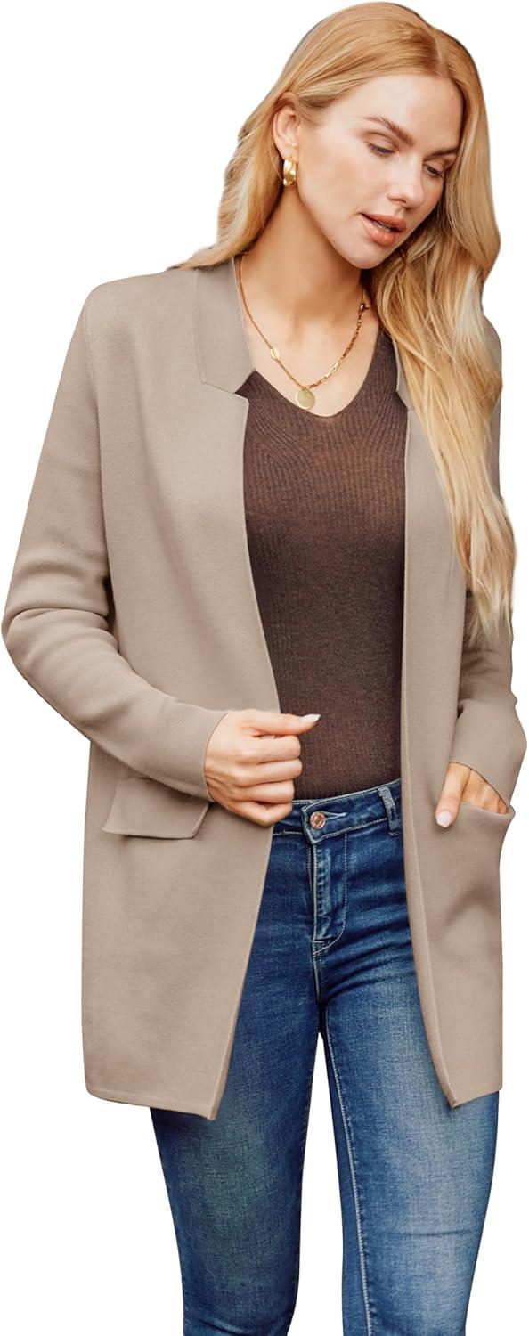 imageGRACE KARIN Womens 2025 Long Sleeve Open Front Knit Cardigan Notch Collar Sweater Blazer Jacket Fall Winter ClothingKhaki
