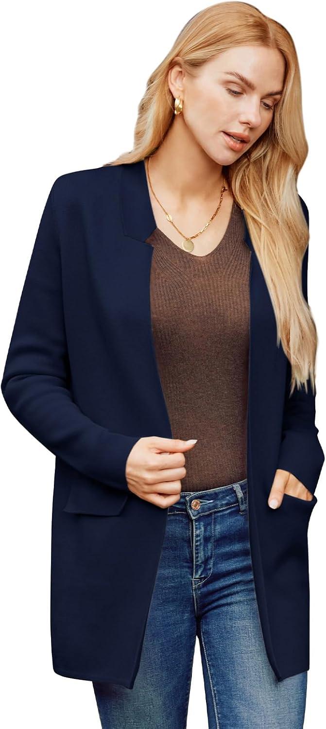 imageGRACE KARIN Womens 2025 Long Sleeve Open Front Knit Cardigan Notch Collar Sweater Blazer Jacket Fall Winter ClothingNavy Blue