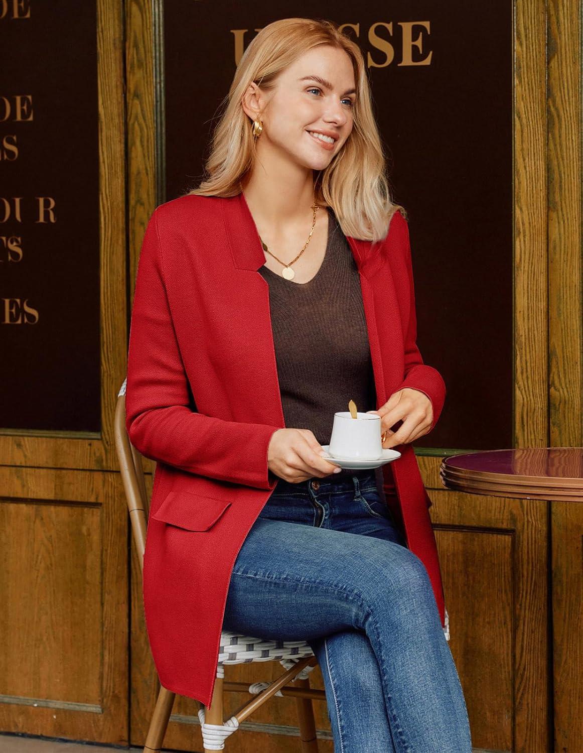 imageGRACE KARIN Womens 2025 Long Sleeve Open Front Knit Cardigan Notch Collar Sweater Blazer Jacket Fall Winter ClothingRed