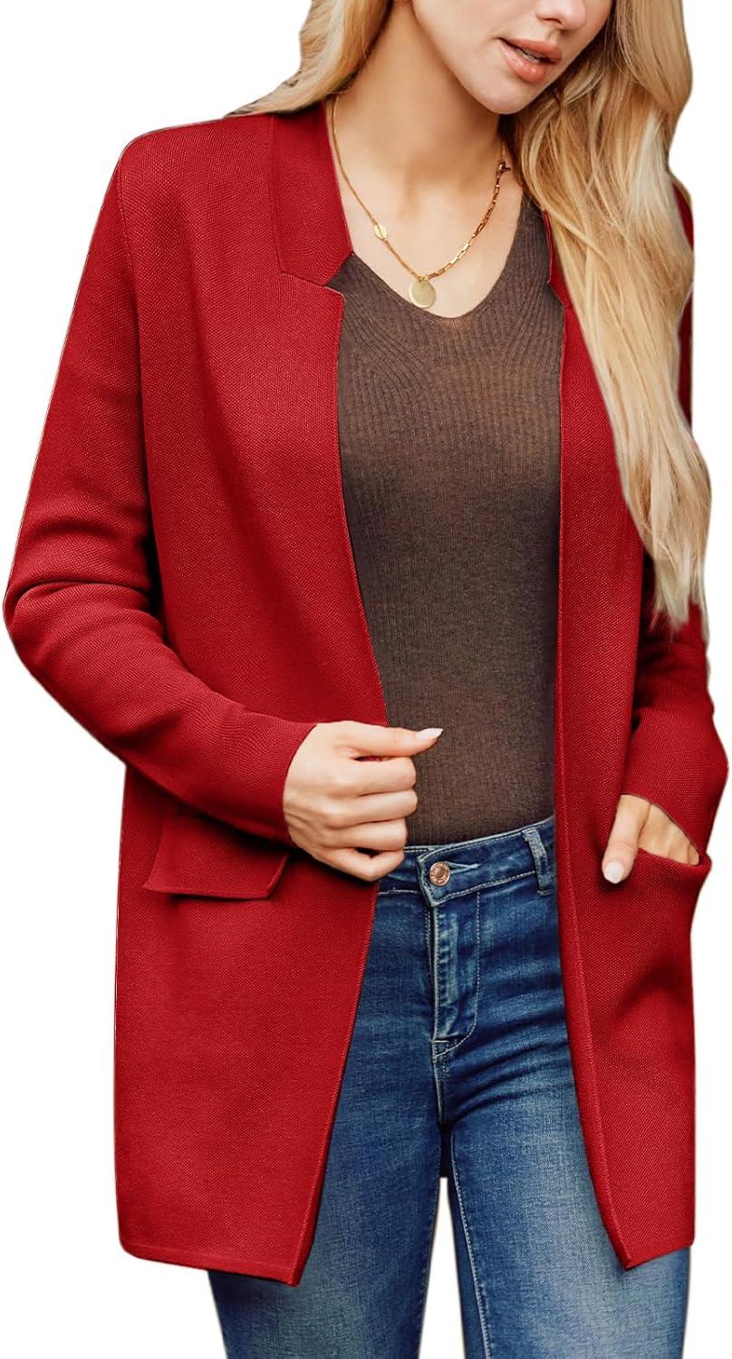 imageGRACE KARIN Womens 2025 Long Sleeve Open Front Knit Cardigan Notch Collar Sweater Blazer Jacket Fall Winter ClothingRed