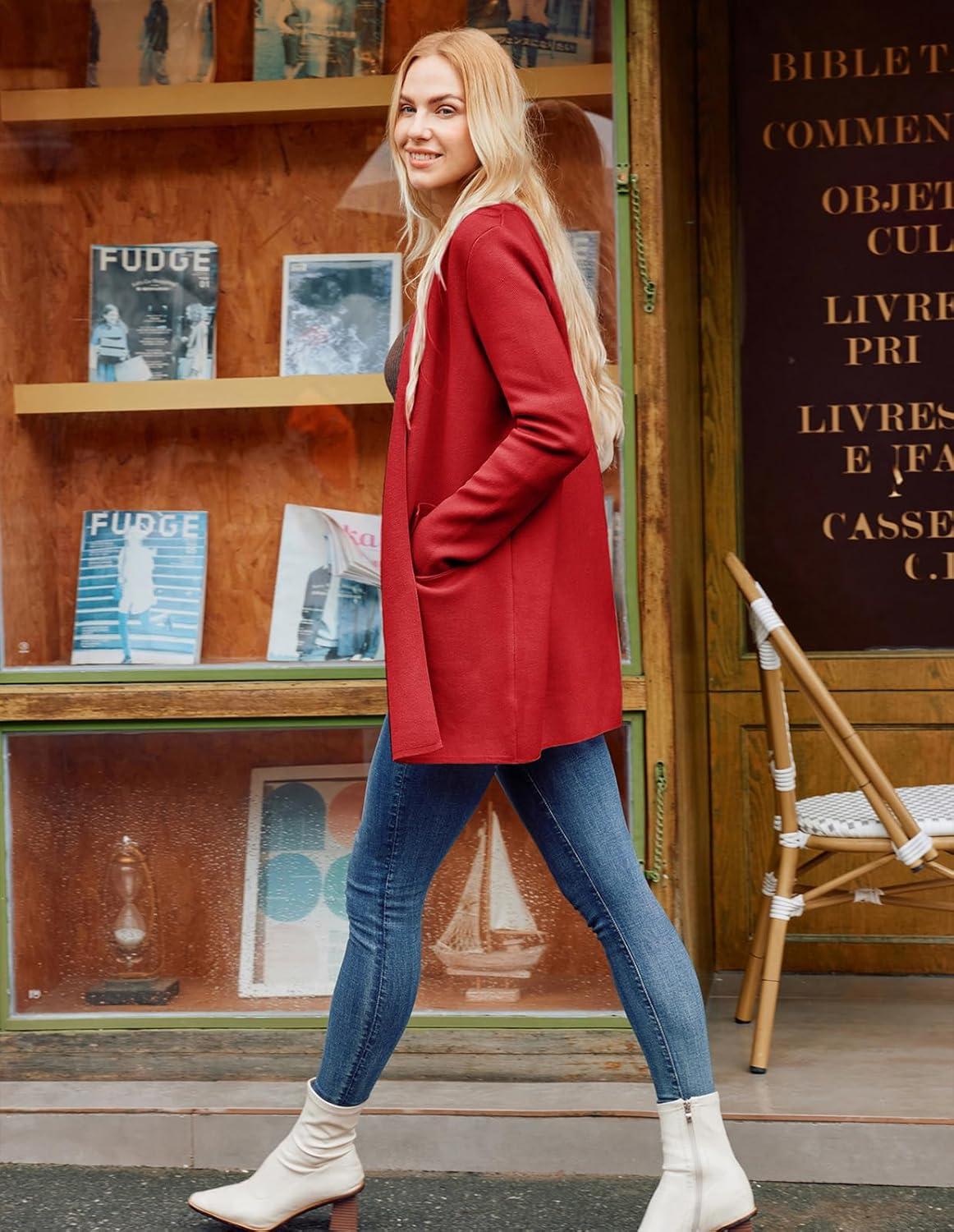 imageGRACE KARIN Womens 2025 Long Sleeve Open Front Knit Cardigan Notch Collar Sweater Blazer Jacket Fall Winter ClothingRed