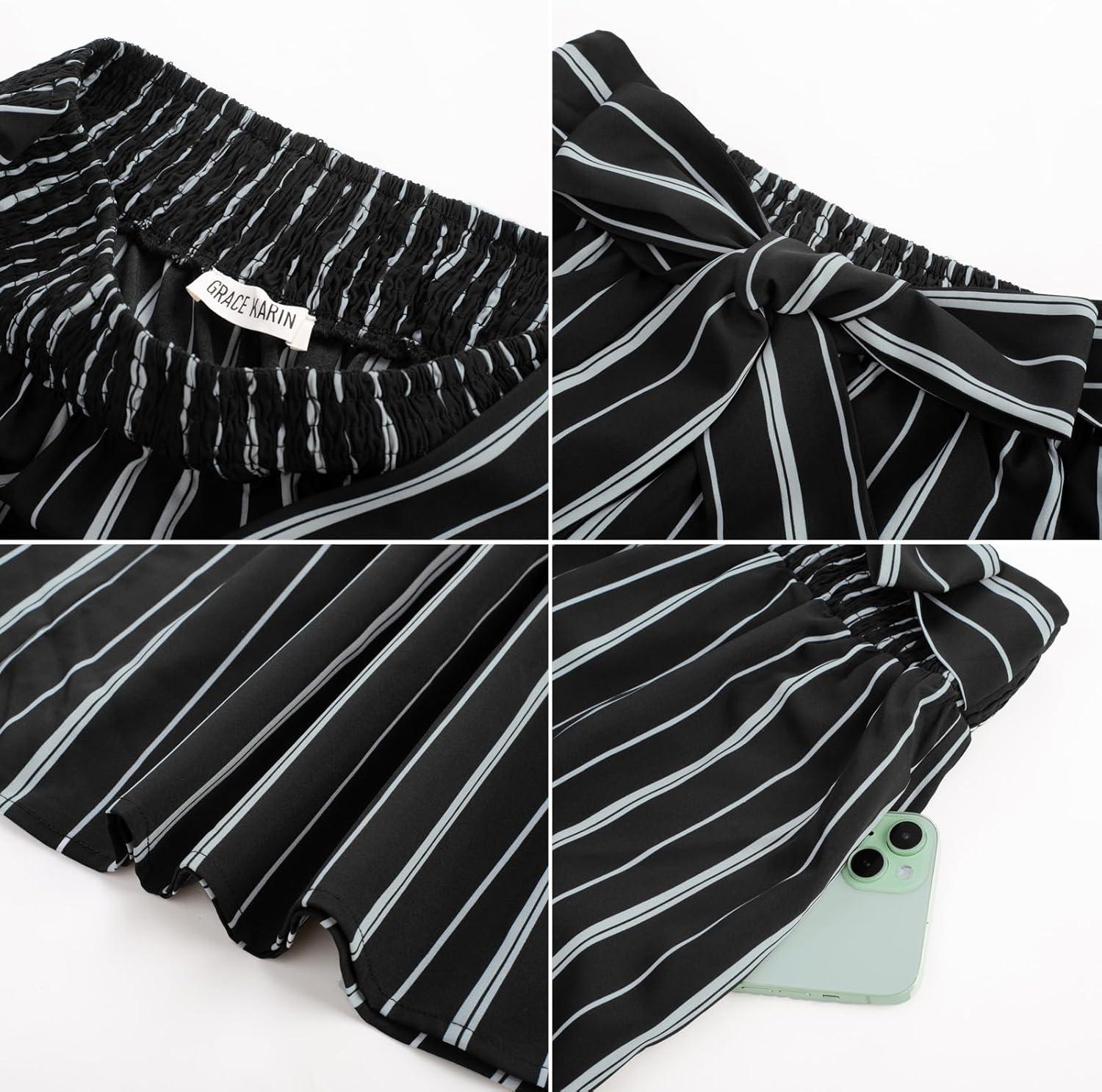 imageGRACE KARIN Womens 2026 Summer Wide Leg Palazzo Pants Elastic High Waisted Boho Casual Flowy Beach Pants with PocketsBlack Striped