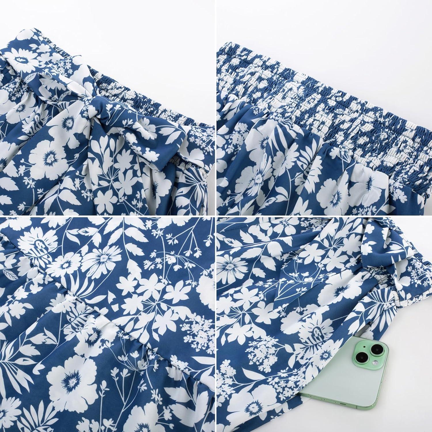 imageGRACE KARIN Womens 2026 Summer Wide Leg Palazzo Pants Elastic High Waisted Boho Casual Flowy Beach Pants with PocketsBlue Floral